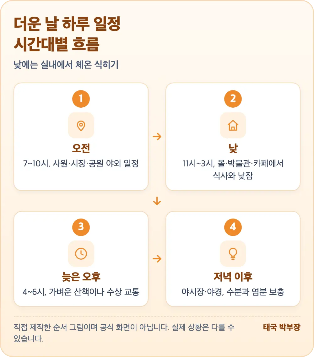 더운 날 하루 일정 시간대별 흐름 그림: 오전 야외, 낮 실내, 늦은 오후 산책, 저녁 이후