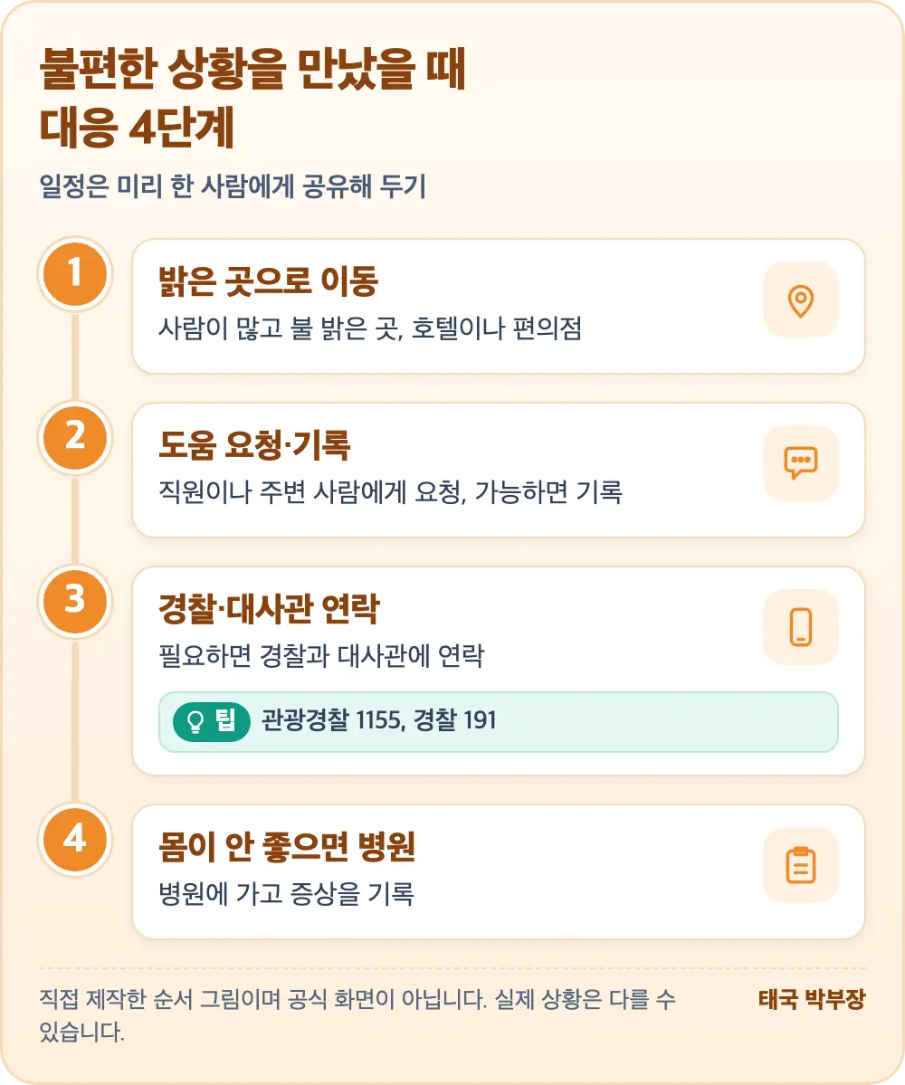 불편한 상황을 만났을 때 대응 4단계 순서 그림: 밝은 곳으로 이동, 도움 요청·기록, 경찰·대사관 연락, 병원